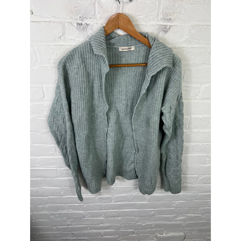Gentle Herd Cashmere Ribbed Cardigan Cable Sleeve Zip Sweater Grey Blue Size S